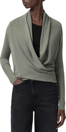 AllSaints Wasson Pirate Wrap Merino Wool Cardigan in Laurel Green at Nordstrom, Size X-Small