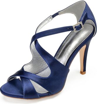 Generic High Heel Sandals Women Bridal Peep Toe Ankle Straps Stiletto Satin Evening Party Prom Wedding Bridal Shoes 10.5Cm,Dark Blue,9 UK