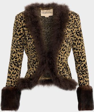 Valentino Garavani Feather and Lamb Shearling Trim Metallic Leopard Jacket