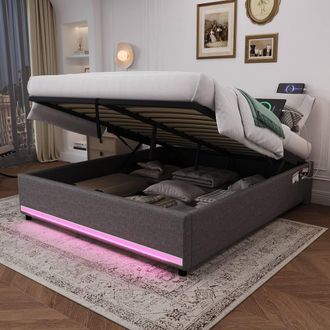 Merax 5ft King Hydraulic Storage Bed with LED, Charging Station, Side Pocket in Grey