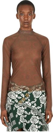 Louise Lyngh Bjerregaard Tops, Dames, Bruin, L, Polyester, Sheer Mock Neck Top