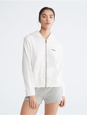 Calvin Klein Womens Icon Cotton Modal Lounge Full Zip Hoodie - White - S