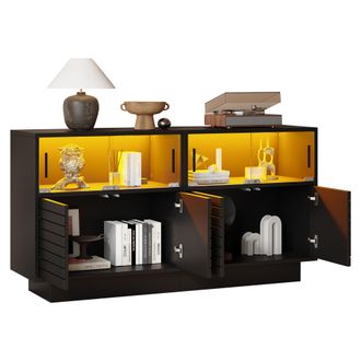 STILVORA Aparador Con 4 Puertas Correderas De Vidrio Y Led, Estilo Industrial Moderno, En Tablero De Part&iacute;culas, 130&times;35&times;68 Cm, Negro