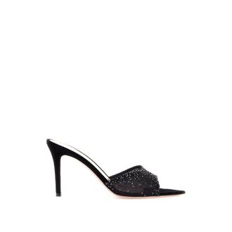 Gianvito Rossi Silk Organza Crystal Embellished Mules - female - Gianvito Rossi - Heeled Mules - Black - 5 1/2 UK - Shoes