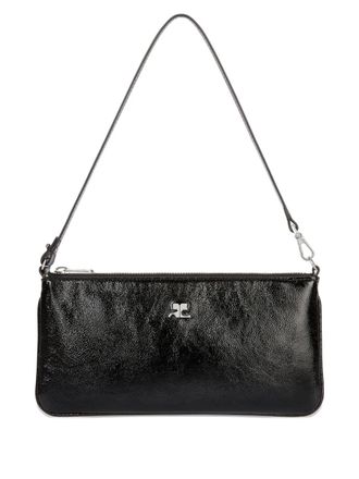 Courr&egrave;ges Rectangular Black Handbag with Glossy Finish and Silver Emblem