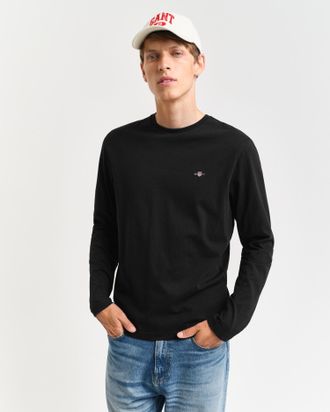 GANT Langarmshirt GANT REG SHIELD LS T-SHIRT, Herren, Gr. 5XL, schwarz, Jersey, Obermaterial: 100% Baumwolle, unifarben, Basic, regular fit h&uuml;ftlang, Rundh
