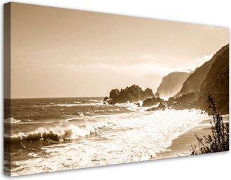 Feeby Cuadro En Lienzo, Paisaje Marino En Estilo Vintage Sepia Con Acantilados, 120x60