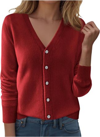 Generic Cardigans for Women UK V Neck Button Down Womens Knit Cardigan, Long Sleeve Soft Sweater with Multiple Colors for Casual, Office, Cardigans for Women 