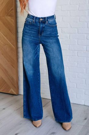 Judy Blue Womens High Rise Tummy Control Retro Wide Leg Jeans In Blue