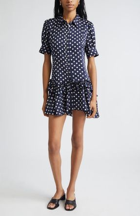 Sandy Liang Snood Polka Dot Tiered Satin Shirtdress in Navy Multi at Nordstrom, Size 6