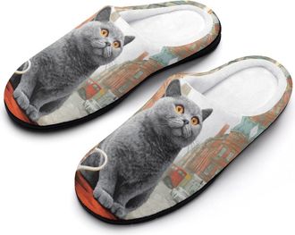 Generic Cute Cat British Flag Funny Mens Cotton Slippers Soft Non-Slip Rubber Sole House Slipper Indoor Outdoor