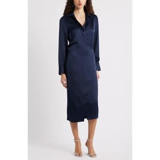 Nordstrom Long Sleeve Faux Wrap Satin Shirtdress in Navy Night at Nordstrom Rack, Size Xx-Small