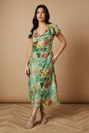 Oasis Womens Floral Satin Burnout Ruffle Midi Dress - Green - Size 12 UK