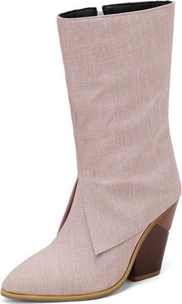 Generic Womens Chunky High Heel Short Boots Pointed Toe Western Cowboy Boot PU Leather Mid-Calf Boots with Zipper,Pink,2.5 UK