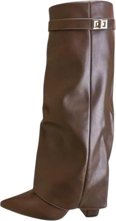 Generic Women Faux Leather Knee High Fashion Fold Over Block Heel Comfy Boots (Brown, One Size, UK Footwear Size System, Adult, Women, Numeric, Medium, 6.5)