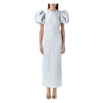 Rotate Rotate Birger Christensen - Blauwe Illusie Jacquard Midi Puffy Jurk - Dames - Jurken - Blauw - Maat: XS Leer