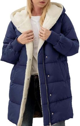 Generic Winter Clothes for Women Fleece Lined down Jacket Padded Puffer Hooded Trench Coat Ladies Quilted Parka Casual Warm Outerwear Overcoat with Pockets Pl