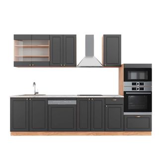 Vicco Mueble De Cocina Fame-line, Antracita Casa De Campo/roble Kraft Dorado, 300 Cm Con Armario Alto, Et M&aacute;rmol