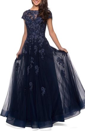 La Femme Long Tulle Gown with Intricate Lace Detailing in Navy at Nordstrom, Size 18