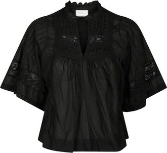 Neo Noir Elegante zwarte blouse met geborduurde details - Dames - Blouses - Zwart - 2XL - Katoen - Overhemden
