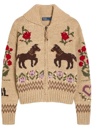 Polo Ralph Lauren Intarsia Cotton-blend Cardigan - Beige - L (UK14 / L)