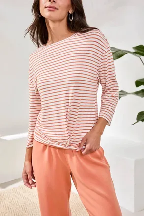 Tribal 3/4 Sleeve Boatneck Twist Front Top In Guavablush