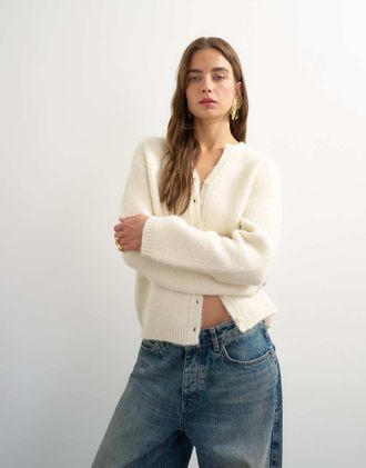 Topshop cardigan lavorato a maglia effetto peluche color avorio-Bianco