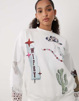 Six Stories Rodeo - Maglione bianco con motivo western da sposa in coordinato