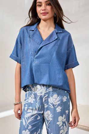 Tribal Flowy Popover Top In Fjord Blue
