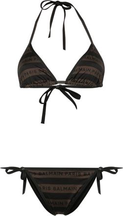 Balmain logo-print striped bikini - women - Elastane/Polyamide/Polyamide/Elastane - 42 - Brown