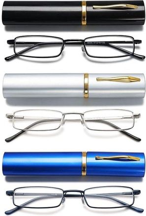 No Brand Gafas De Lectura - Juego De Tres Piezas - Material Met&aacute;lico - Bisagras Cl&aacute;sicas - Ultrafinas - Negro, Blanco, Azul - 3.0+