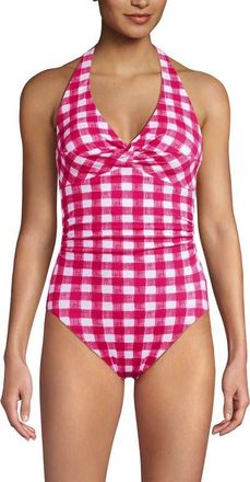 Lands End Knot Twist Halter One Piece in Azalea Pink Gingham Pique at Nordstrom, Size 16