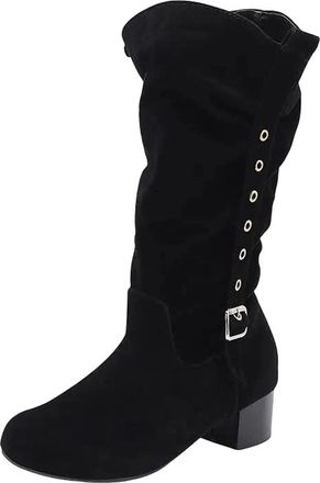 Generic Womens Leisure Mid Calf Boots Round Toe Med Block Heel Platform With Slip On Design Pleated Detail And Buckle