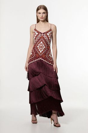 Karen Millen Womens Tall Embellished Fringe Strappy Woven Maxi Dress - Orange - Size 12 UK