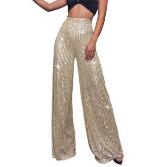 Generic Wide Leg Trousers For Women Plus Size Sequin Trousers For Women Elastic Waist Solid Color Baggy Trousers Women Fashion High Waist Womens Lounge Pants 