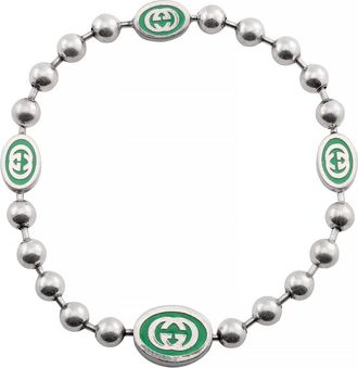 Gucci Ladies Interlocking G Green Enamel Silver Boule Chain Bracelet