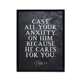 Artery8 Peter 5 7 Cast Anxiety On Him Bible Quote Framed Canvas Wall Art Print in Grey | Size: W24 x H32
