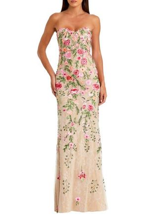 Mac Duggal Floral Embroidered Strapless Bustier Gown in Nude Multi at Nordstrom, Size 6