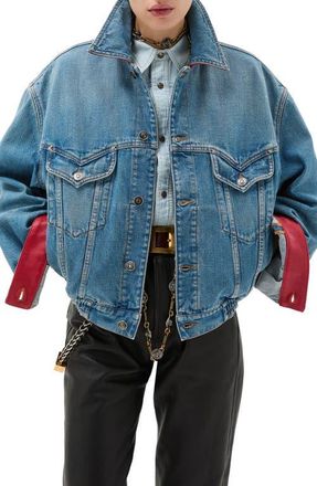 Versace Gender Inclusive Oversize Colorblock Denim & Leather Trucker Jacket in Medium Blue Red at Nordstrom, Size 4 Us