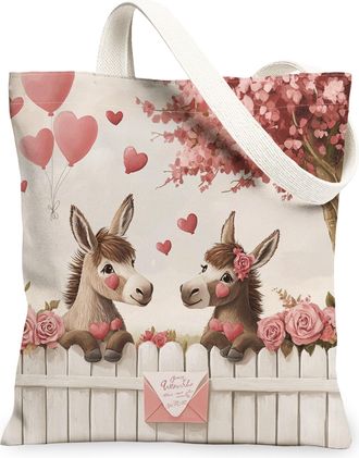 Generic Valentines Day Donkey Canvas Tote Bag for Shopping 13x15, Farmhouse Country Animal Couple Reusable Grocery Print Pattern Bag for Women, Lover Beach Ae
