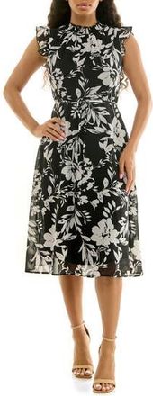 Nina Leonard Smock Chiffon Midi Dress in Black/white Combo at Nordstrom Rack, Size X-Large