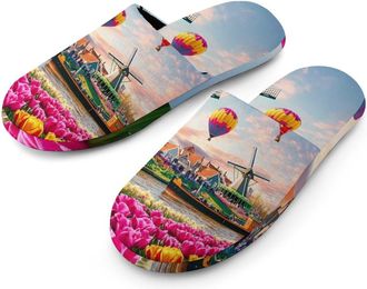 Generic Windmill Tulips-flower Hot Air Balloons Mens Slippers Flannel Warm House Shoes with Rubber Anti-Slip Sole Slip On for Home Outdoor