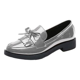 Generic Womens Loafers Patent Leather Large Size Slip on Loafers Shoes Shallow Mouth Lightweight Lolita Princess Shoes Casual Spring Summer, grey, 4 UK