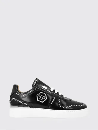Philipp Plein Brushed Leather Low-Top Sneakers with Embroidered Monogram