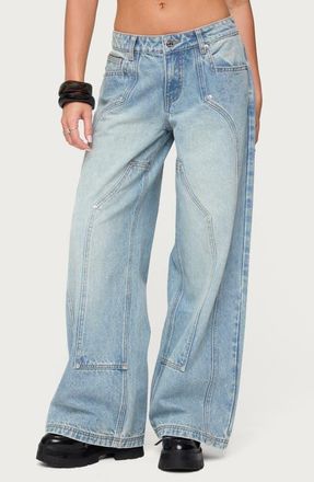 Edikted Dema Low Rise Western Wide Leg Jeans in Light-Blue at Nordstrom, Size X-Small