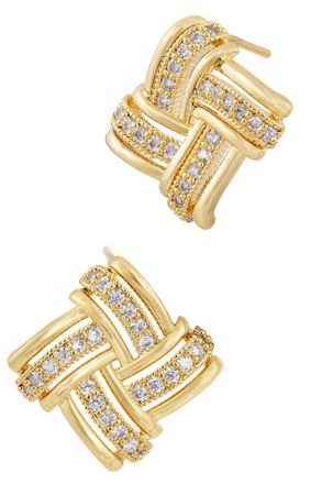 Savvy Cie Jewels GOLD PLATED BASKETWEAVE WHITE CZ STUD EARRINGS