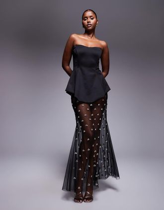 Asos Vestito premium sagomato in tessuto effetto scuba nero con gonna lunga decorata