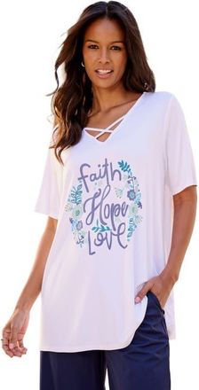 Roaman's Plus Size Lace Up V Neck Short Sleeve Print Tunic in White Believe at Nordstrom, Size 36