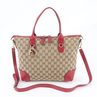 Gucci Brown Leather Canvas Shoulder Bag Tote Bag (Pre-Owned)