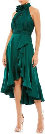 Mac Duggal Halter Neck Flower Detail Ruffled Midi Dress in Emerald at Nordstrom, Size 4